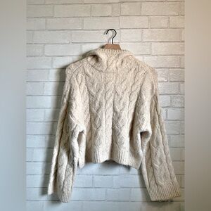 Zara Cream Cable Knit Cropped Acrylic & Wool Blend Cowl Neck Hooded Sweater